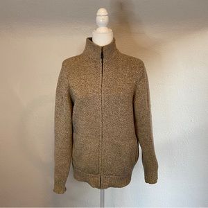 L.L. Bean Wool Full Zip Leather Pull Oatmeal Tan Marled Knit Grandpa Dad Sweater